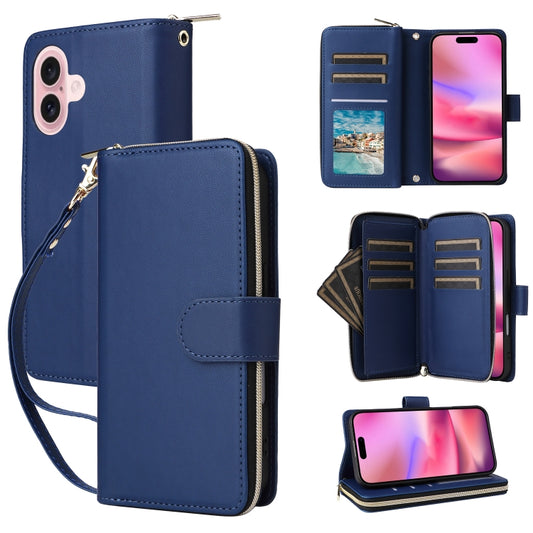 For iPhone 16 Nine-card Slots Zipper Wallet Bag Leather Phone Case(Blue) - iPhone 16 Cases by buy2fix | Online Shopping UK | buy2fix