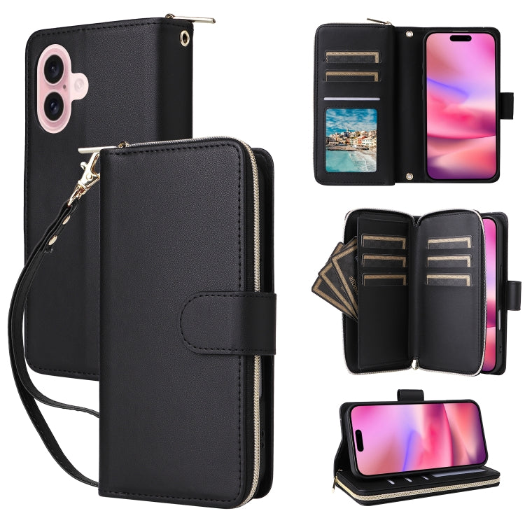 For iPhone 16 Nine-card Slots Zipper Wallet Bag Leather Phone Case(Black) - iPhone 16 Cases by buy2fix | Online Shopping UK | buy2fix