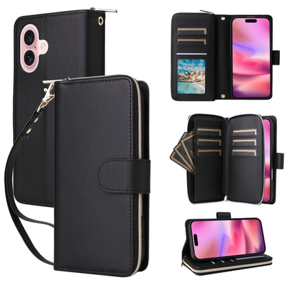 For iPhone 16 Nine-card Slots Zipper Wallet Bag Leather Phone Case(Black) - iPhone 16 Cases by buy2fix | Online Shopping UK | buy2fix