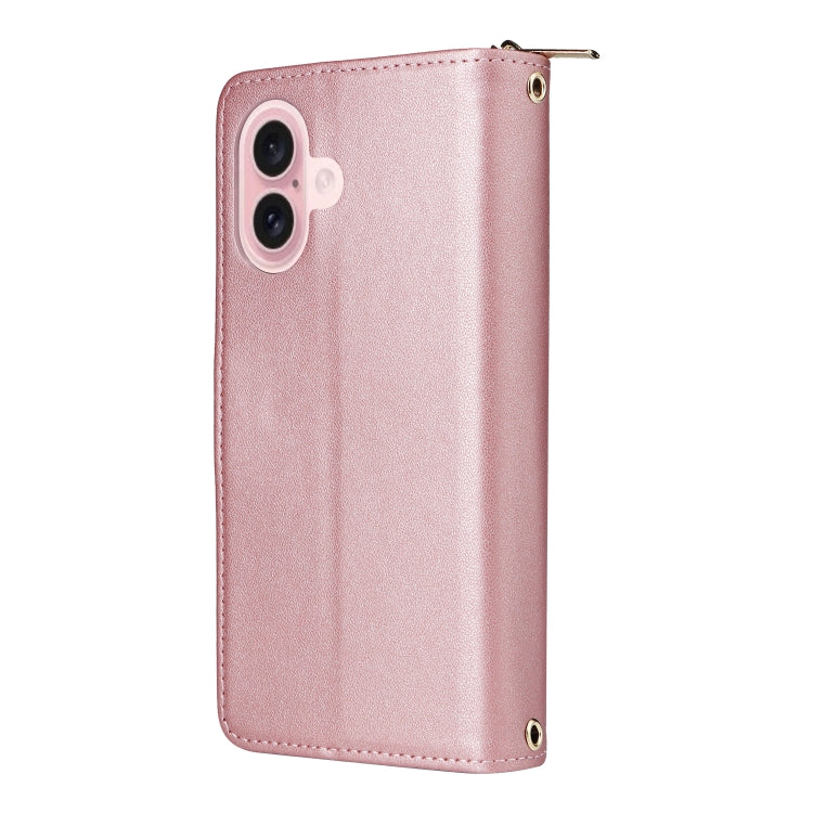 For iPhone 16 Nine-card Slots Zipper Wallet Bag Leather Phone Case(Rose Gold) - iPhone 16 Cases by buy2fix | Online Shopping UK | buy2fix