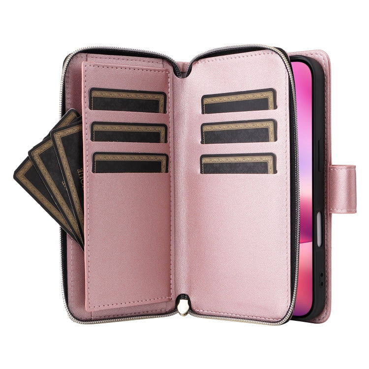 For iPhone 16 Nine-card Slots Zipper Wallet Bag Leather Phone Case(Rose Gold) - iPhone 16 Cases by buy2fix | Online Shopping UK | buy2fix