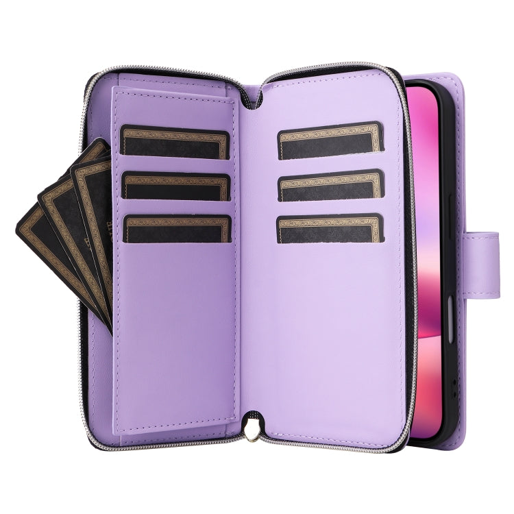 For iPhone 16 Plus Nine-card Slots Zipper Wallet Bag Leather Phone Case(Light Purple) - iPhone 16 Plus Cases by buy2fix | Online Shopping UK | buy2fix