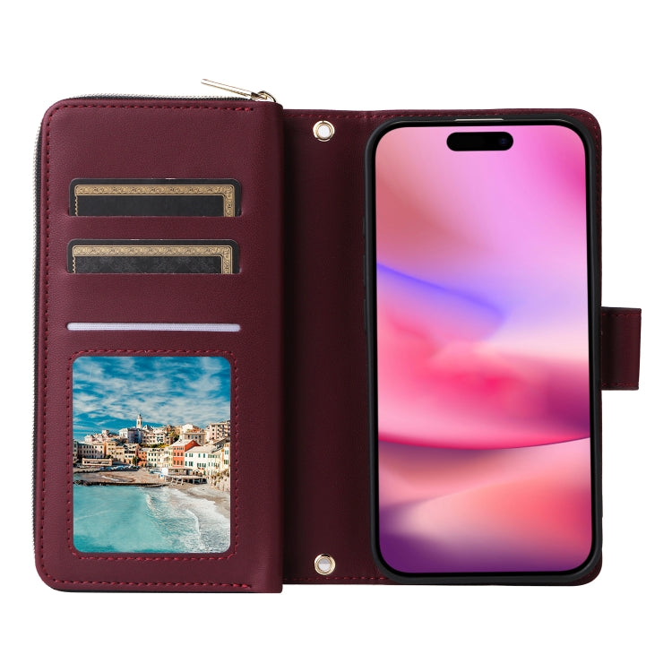 For iPhone 16 Plus Nine-card Slots Zipper Wallet Bag Leather Phone Case(Wine Red) - iPhone 16 Plus Cases by buy2fix | Online Shopping UK | buy2fix