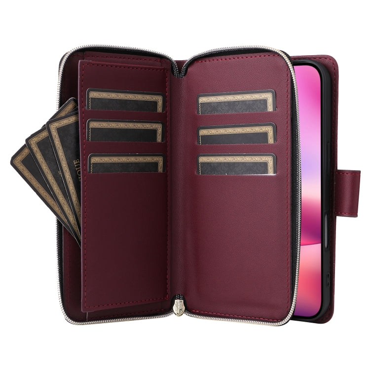 For iPhone 16 Plus Nine-card Slots Zipper Wallet Bag Leather Phone Case(Wine Red) - iPhone 16 Plus Cases by buy2fix | Online Shopping UK | buy2fix