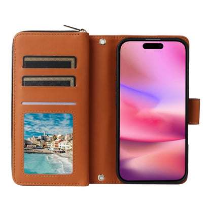 For iPhone 16 Plus Nine-card Slots Zipper Wallet Bag Leather Phone Case(Brown) - iPhone 16 Plus Cases by buy2fix | Online Shopping UK | buy2fix