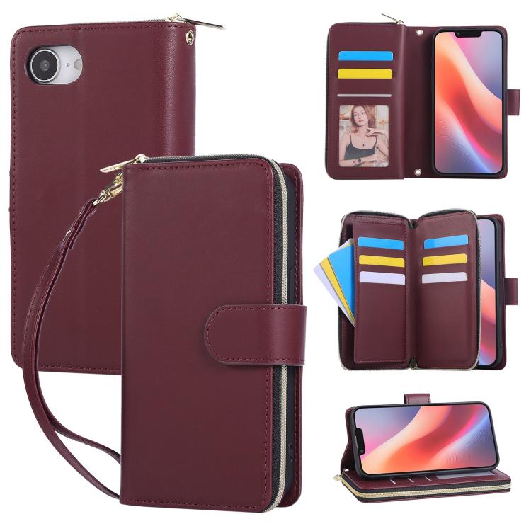 For iPhone 16e Nine-card Slots Zipper Wallet Bag Leather Phone Case(Wine Red) - iPhone 16e Cases by buy2fix | Online Shopping UK | buy2fix