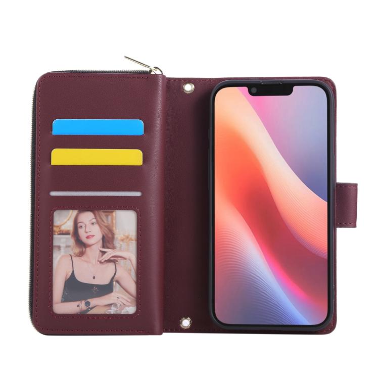 For iPhone 16e Nine-card Slots Zipper Wallet Bag Leather Phone Case(Wine Red) - iPhone 16e Cases by buy2fix | Online Shopping UK | buy2fix