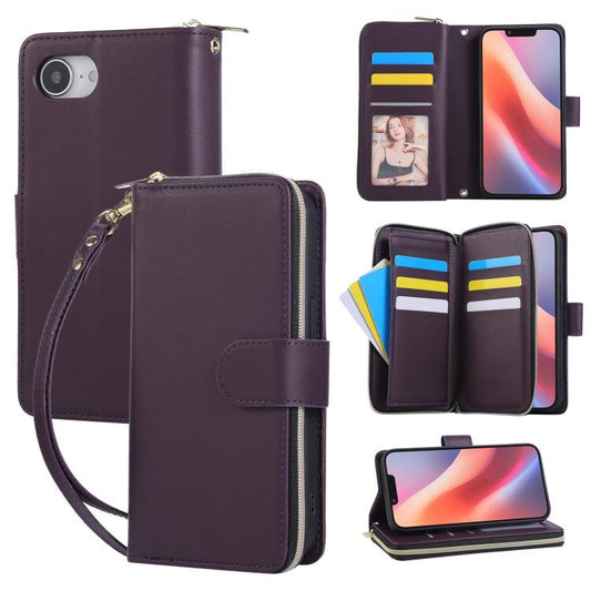For iPhone 16e Nine-card Slots Zipper Wallet Bag Leather Phone Case(Dark Purple) - iPhone 16e Cases by buy2fix | Online Shopping UK | buy2fix