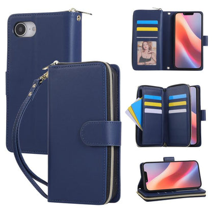 For iPhone 16e Nine-card Slots Zipper Wallet Bag Leather Phone Case(Blue) - iPhone 16e Cases by buy2fix | Online Shopping UK | buy2fix
