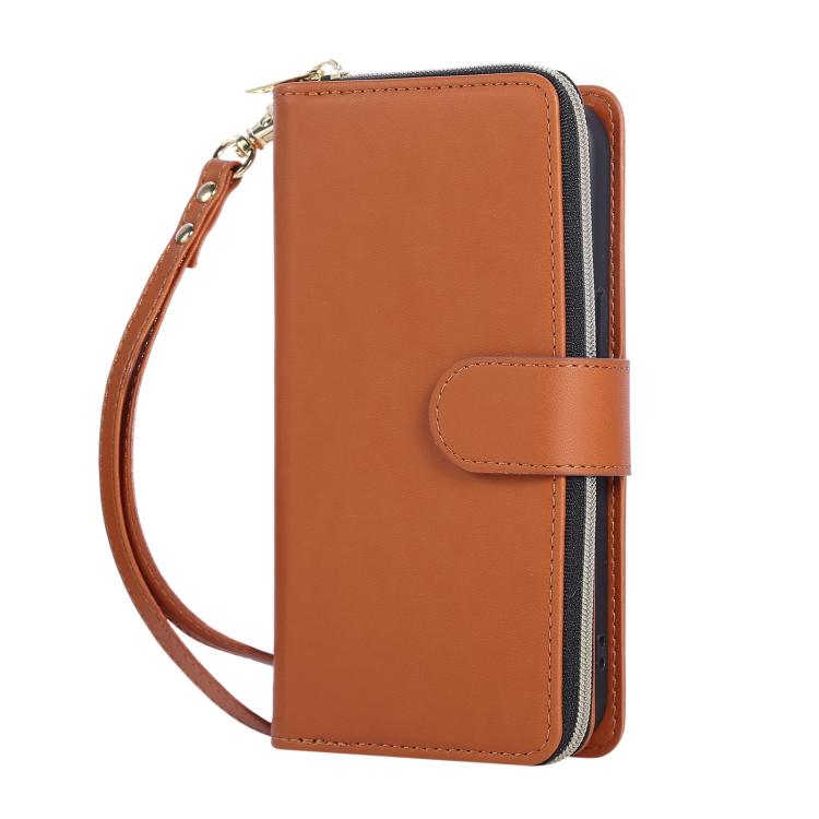 For iPhone 16e Nine-card Slots Zipper Wallet Bag Leather Phone Case(Brown) - iPhone 16e Cases by buy2fix | Online Shopping UK | buy2fix