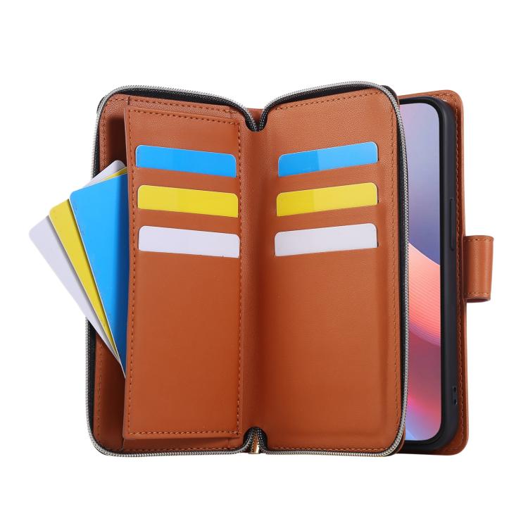 For iPhone 16e Nine-card Slots Zipper Wallet Bag Leather Phone Case(Brown) - iPhone 16e Cases by buy2fix | Online Shopping UK | buy2fix