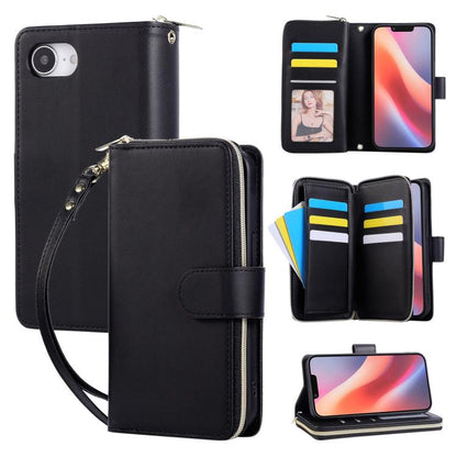 For iPhone 16e Nine-card Slots Zipper Wallet Bag Leather Phone Case(Black) - iPhone 16e Cases by buy2fix | Online Shopping UK | buy2fix