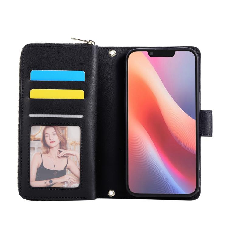 For iPhone 16e Nine-card Slots Zipper Wallet Bag Leather Phone Case(Black) - iPhone 16e Cases by buy2fix | Online Shopping UK | buy2fix