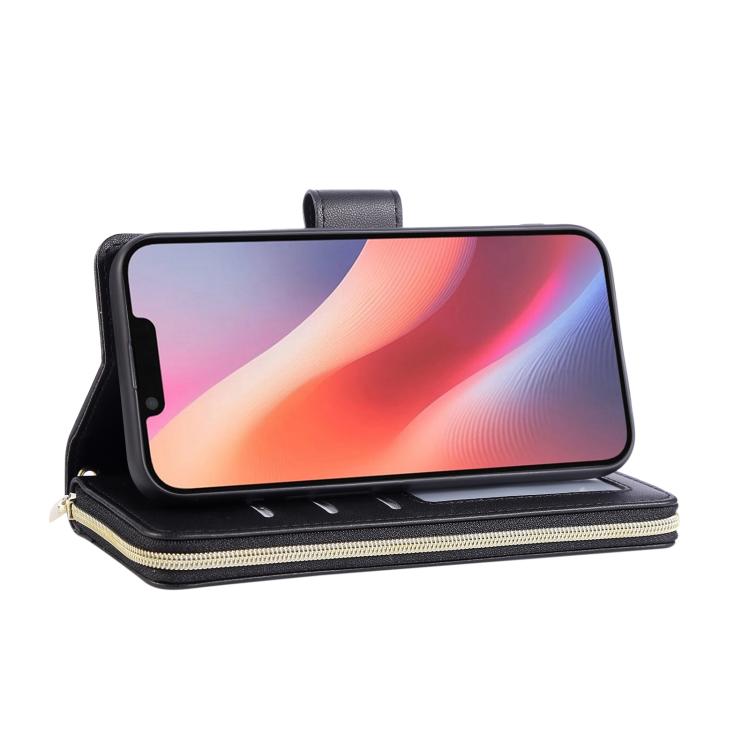 For iPhone 16e Nine-card Slots Zipper Wallet Bag Leather Phone Case(Black) - iPhone 16e Cases by buy2fix | Online Shopping UK | buy2fix