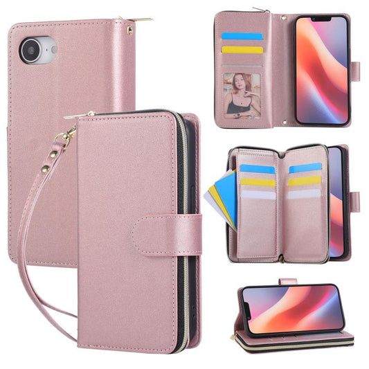 For iPhone 16e Nine-card Slots Zipper Wallet Bag Leather Phone Case(Rose Gold) - iPhone 16e Cases by buy2fix | Online Shopping UK | buy2fix