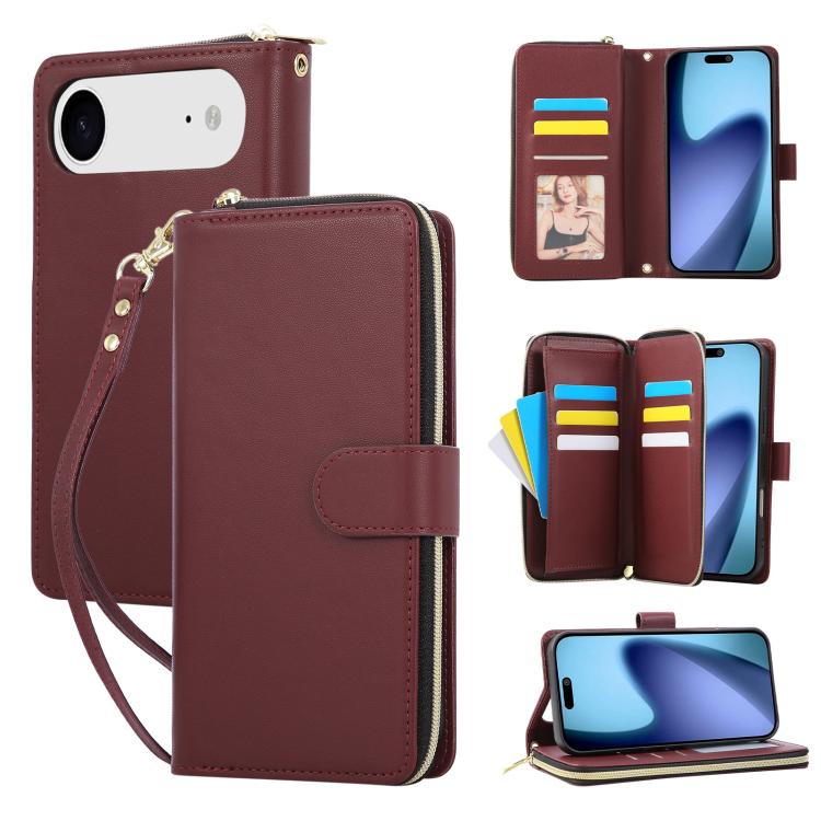 For iPhone Air Nine-card Slots Zipper Wallet Bag Leather Phone Case(Wine Red) - iPhone Air Cases by buy2fix | Online Shopping UK | buy2fix
