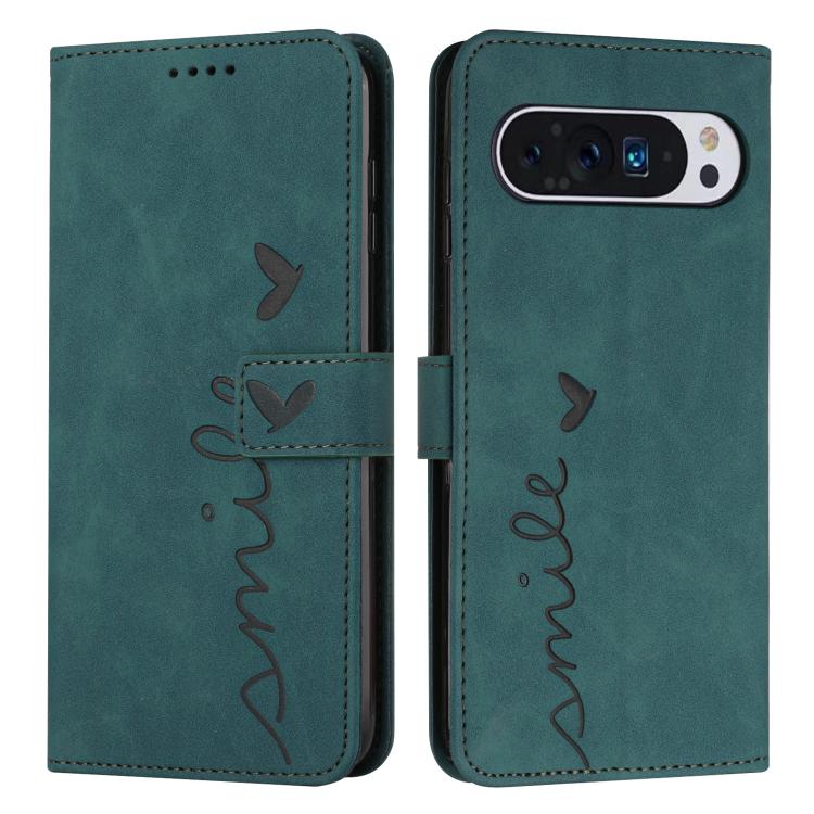 For Google Pixel 10 / 10 Pro Skin Feel Heart Embossed Leather Phone Case with Long Lanyard(Green) - Google Cases by buy2fix | Online Shopping UK | buy2fix