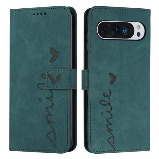 For Google Pixel 10 / 10 Pro Skin Feel Heart Embossed Leather Phone Case with Long Lanyard(Green) - Google Cases by buy2fix | Online Shopping UK | buy2fix
