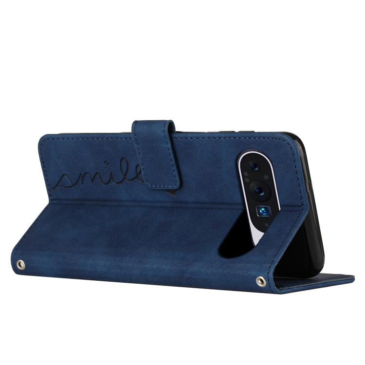 For Google Pixel 10 Pro XL Skin Feel Heart Embossed Leather Phone Case with Long Lanyard(Blue) - Google Cases by buy2fix | Online Shopping UK | buy2fix