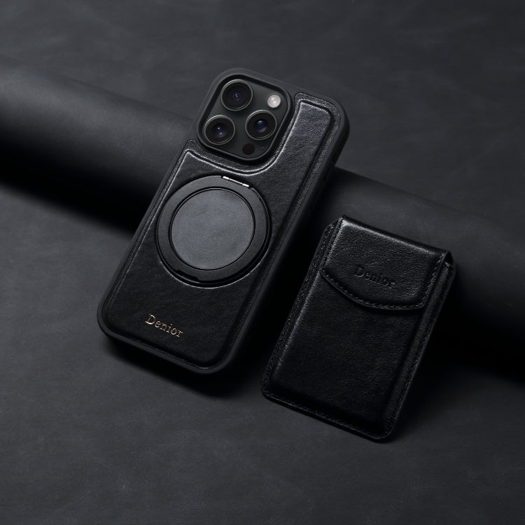 For iPhone 16 Pro Max Denior D22 Genuine Leather MagSafe Holder Detachable Card Slot Phone Case(Black) by Denior