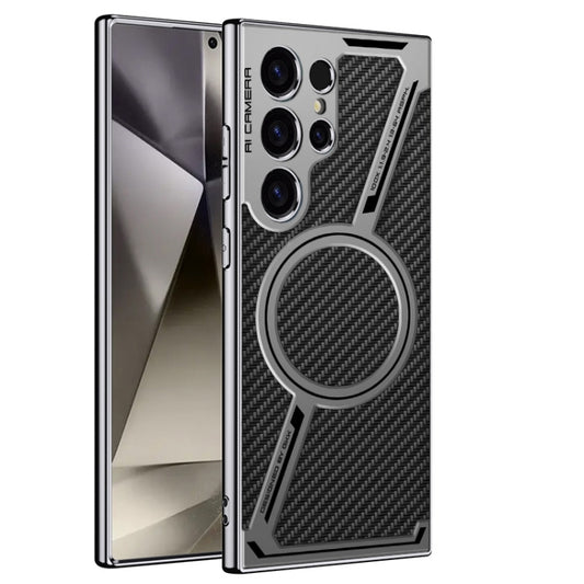 For Samsung Galaxy S24 Ultra 5G GKK Integrated Electroplating Leather Z-Shape MagSafe Phone Case(Carbon Fiber) - Galaxy S24 Ultra 5G Cases by GKK | Online Shopping UK | buy2fix