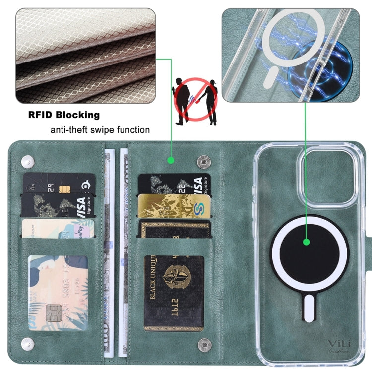 For iPhone 13 Pro ViLi GVS-C Series MagSafe Magnetic RFID Leather Flip Phone Case(Green) - iPhone 13 Pro Cases by ViLi | Online Shopping UK | buy2fix