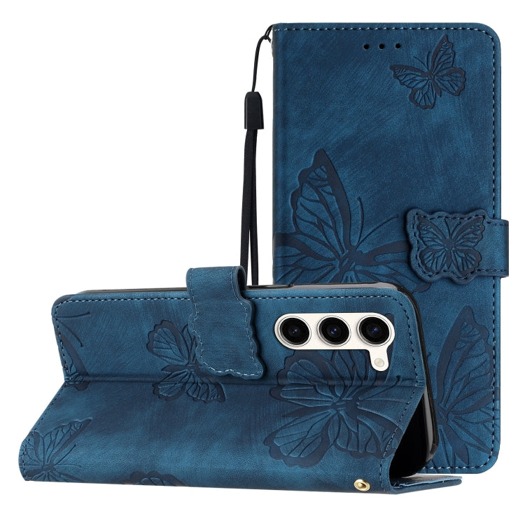 For Samsung Galaxy S25 5G Skin-feel Embossed Butterfly Leather Phone Case(Blue) by buy2fix