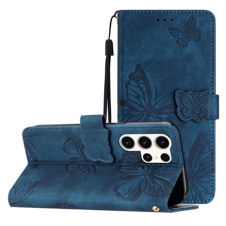For Samsung Galaxy S25 Ultra 5G Skin-feel Embossed Butterfly Leather Phone Case(Blue) by buy2fix