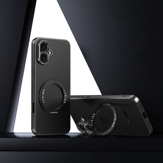 For iPhone 16 Plain Leather MagSafe Holder Phone Case(Black) - iPhone 16 Cases by buy2fix | Online Shopping UK | buy2fix