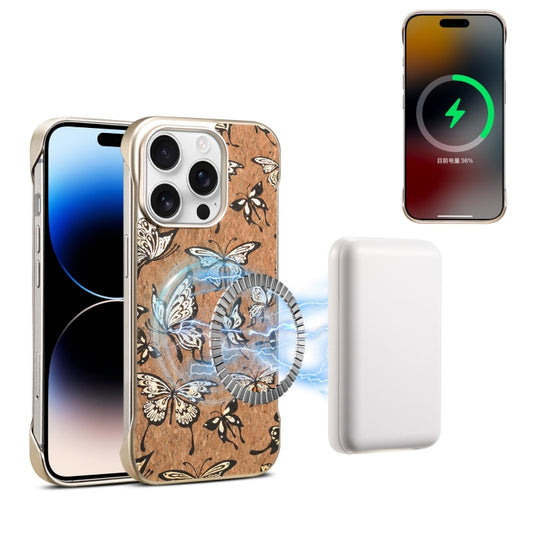 For iPhone 14 Pro Denior A18 WoodenPaint MagSafe Phone Case(Butterflies) - iPhone 14 Pro Cases by Denior | Online Shopping UK | buy2fix