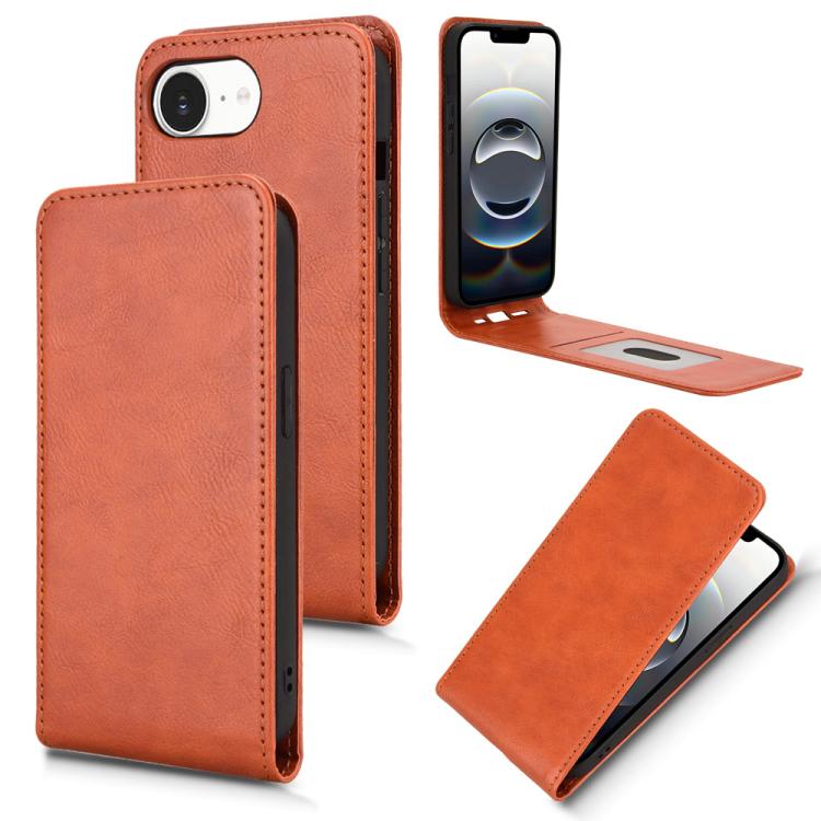 For iPhone 16e Magnetic Vertical Flip Leather Phone Case(Brown) - iPhone 16e Cases by buy2fix | Online Shopping UK | buy2fix