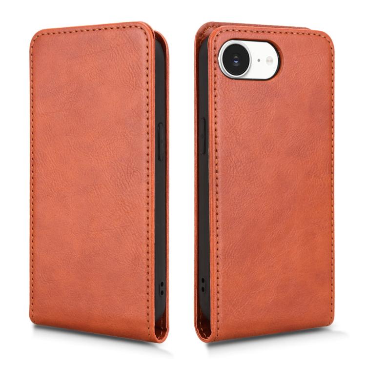 For iPhone 16e Magnetic Vertical Flip Leather Phone Case(Brown) - iPhone 16e Cases by buy2fix | Online Shopping UK | buy2fix