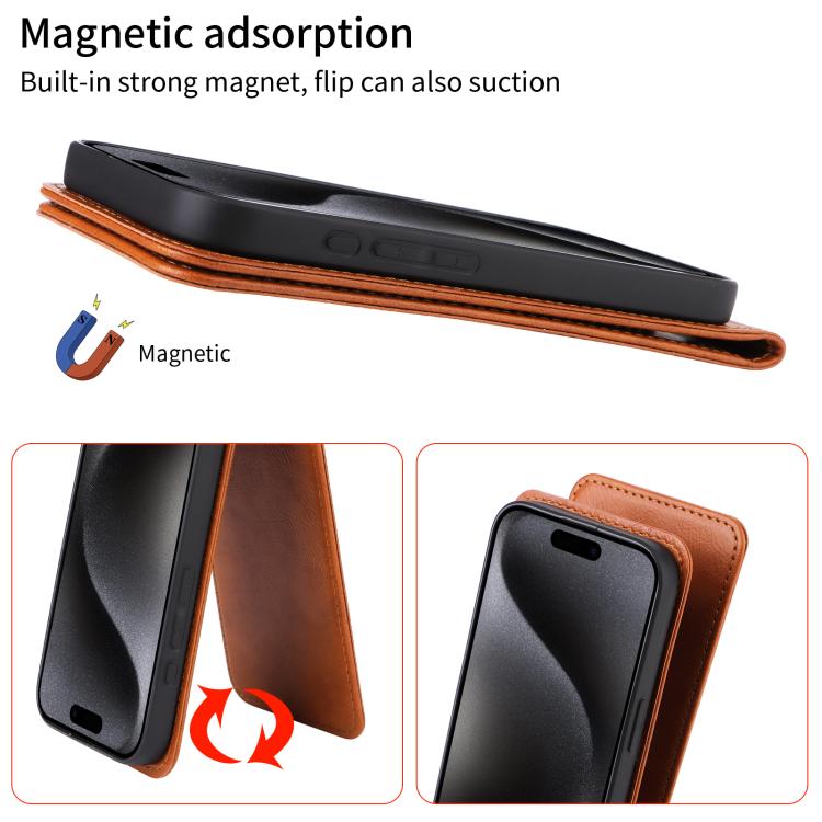 For iPhone 16e Magnetic Vertical Flip Leather Phone Case(Brown) - iPhone 16e Cases by buy2fix | Online Shopping UK | buy2fix