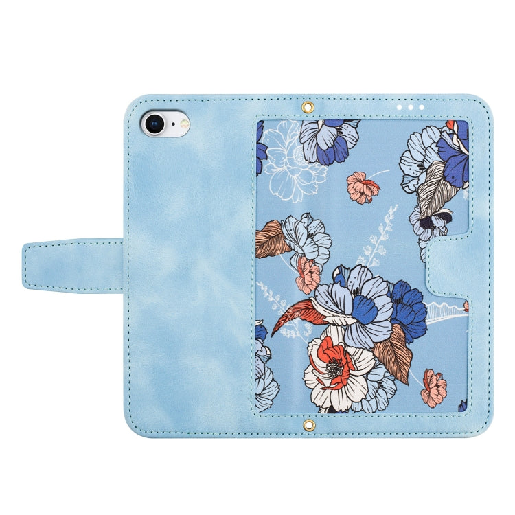 For iPhone 16e Floral Pattern Leather Phone Case with Lanyard(Light Blue) - iPhone 16e Cases by buy2fix | Online Shopping UK | buy2fix