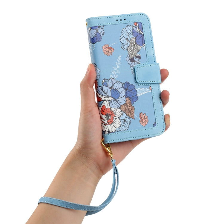 For iPhone 16e Floral Pattern Leather Phone Case with Lanyard(Light Blue) - iPhone 16e Cases by buy2fix | Online Shopping UK | buy2fix
