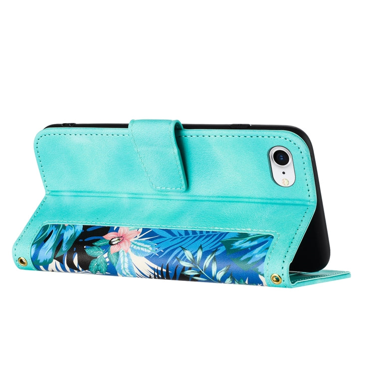 For iPhone 16e Floral Pattern Leather Phone Case with Lanyard(Green) - iPhone 16e Cases by buy2fix | Online Shopping UK | buy2fix