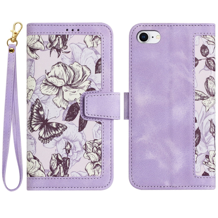 For iPhone 16e Floral Pattern Leather Phone Case with Lanyard(Light Purple) - iPhone 16e Cases by buy2fix | Online Shopping UK | buy2fix