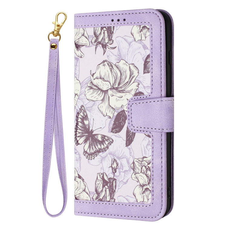 For iPhone 16e Floral Pattern Leather Phone Case with Lanyard(Light Purple) - iPhone 16e Cases by buy2fix | Online Shopping UK | buy2fix