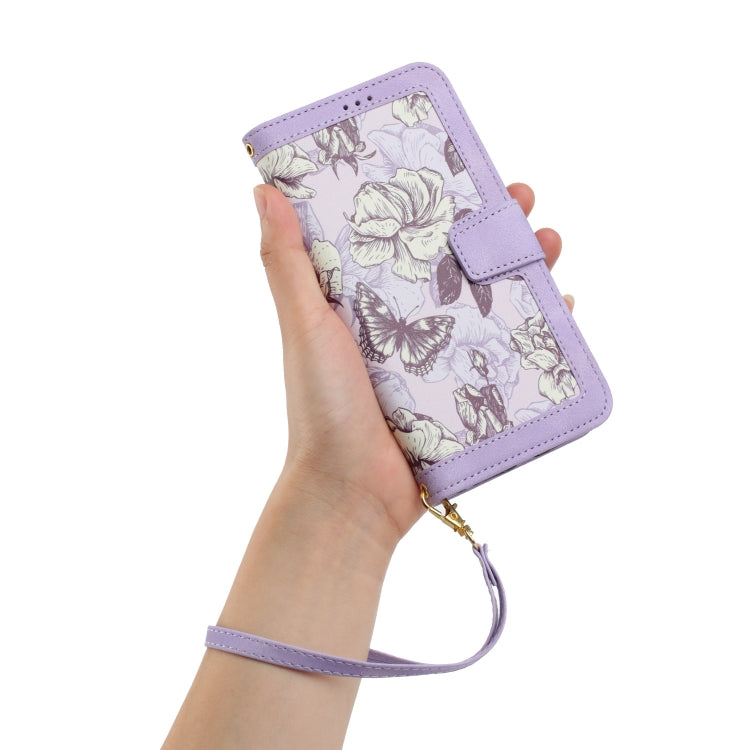 For iPhone 16e Floral Pattern Leather Phone Case with Lanyard(Light Purple) - iPhone 16e Cases by buy2fix | Online Shopping UK | buy2fix