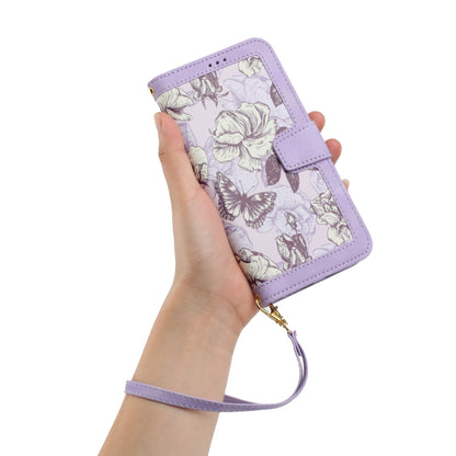 For iPhone 16e Floral Pattern Leather Phone Case with Lanyard(Light Purple) - iPhone 16e Cases by buy2fix | Online Shopping UK | buy2fix