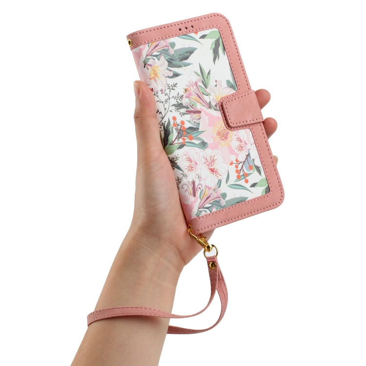 For iPhone 16e Floral Pattern Leather Phone Case with Lanyard(Pink) - iPhone 16e Cases by buy2fix | Online Shopping UK | buy2fix