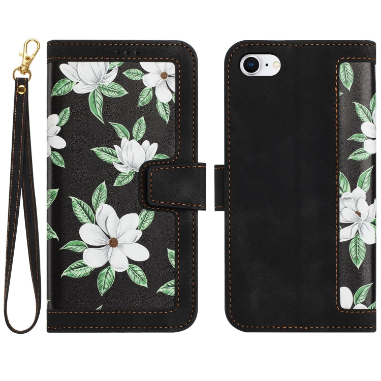 For iPhone 16e Floral Pattern Leather Phone Case with Lanyard(Black) - iPhone 16e Cases by buy2fix | Online Shopping UK | buy2fix