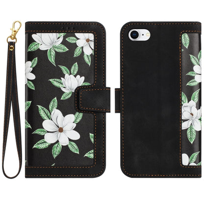 For iPhone 16e Floral Pattern Leather Phone Case with Lanyard(Black) - iPhone 16e Cases by buy2fix | Online Shopping UK | buy2fix