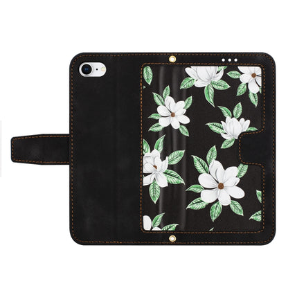 For iPhone 16e Floral Pattern Leather Phone Case with Lanyard(Black) - iPhone 16e Cases by buy2fix | Online Shopping UK | buy2fix