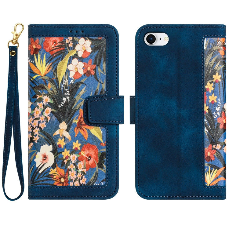 For iPhone 16e Floral Pattern Leather Phone Case with Lanyard(Dark Blue) - iPhone 16e Cases by buy2fix | Online Shopping UK | buy2fix