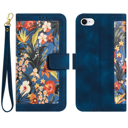 For iPhone 16e Floral Pattern Leather Phone Case with Lanyard(Dark Blue) - iPhone 16e Cases by buy2fix | Online Shopping UK | buy2fix
