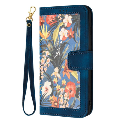For iPhone 16e Floral Pattern Leather Phone Case with Lanyard(Dark Blue) - iPhone 16e Cases by buy2fix | Online Shopping UK | buy2fix