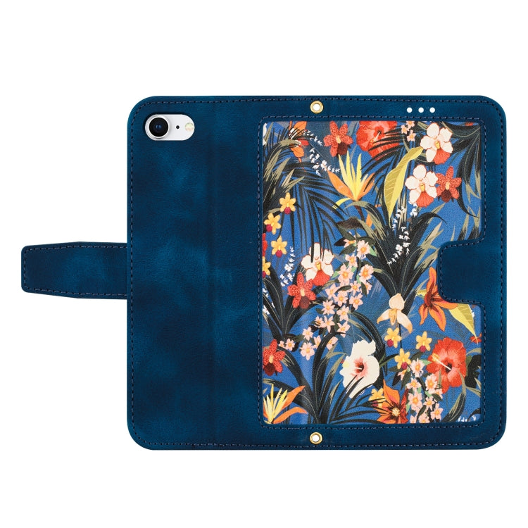 For iPhone 16e Floral Pattern Leather Phone Case with Lanyard(Dark Blue) - iPhone 16e Cases by buy2fix | Online Shopping UK | buy2fix