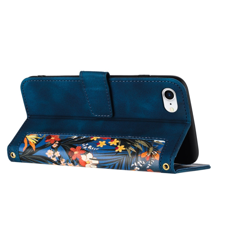 For iPhone 16e Floral Pattern Leather Phone Case with Lanyard(Dark Blue) - iPhone 16e Cases by buy2fix | Online Shopping UK | buy2fix
