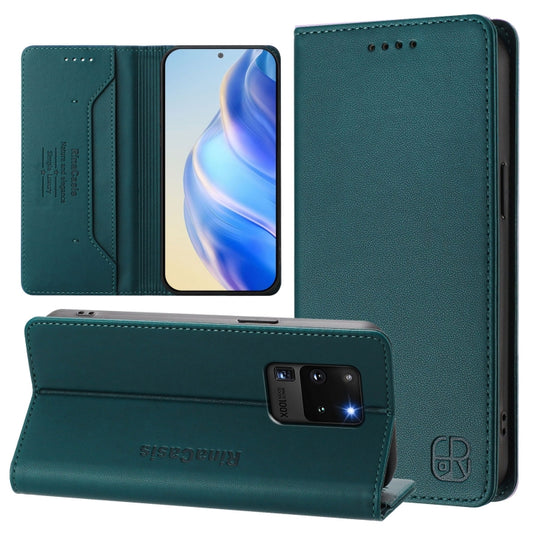 For Galaxy S20 Ultra RC01 Dual-Folded Magnetic Suction RFID Leather Phone Case(Dark Green)